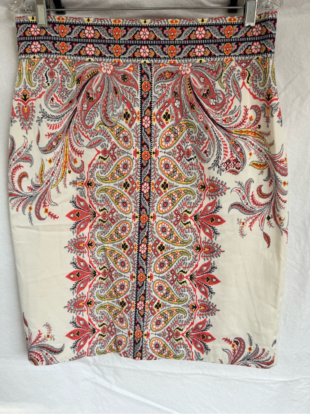 ANTONIO MELANI Cream Paisley Pencil Skirt with Coral and Yellow Accents
